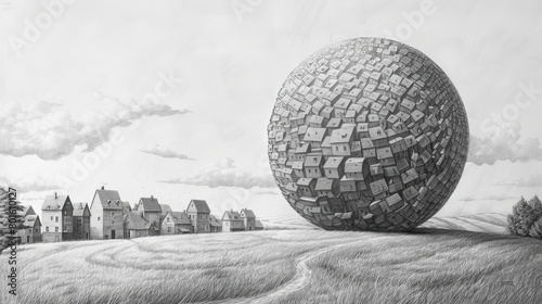 realistic pencil drawing, ball consisting of houses rolls down a meadow, concept: Downturn, slowdown in real estate sector, 16:9 photo