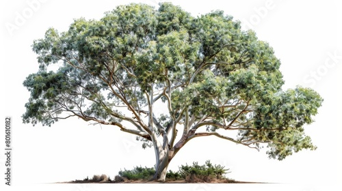 Wallpaper Mural A large eucalyptus tree with a thick trunk and long branches full of green leaves against a white background Torontodigital.ca
