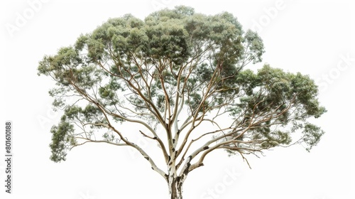 A large eucalyptus tree with a thick trunk and long, drooping branches.
