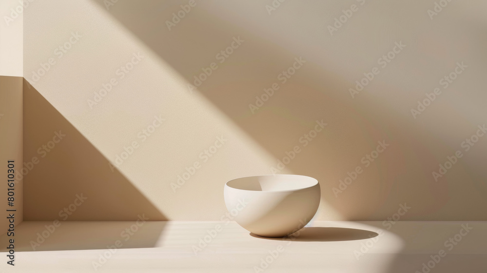 A white bowl sits on a shelf in front of a wall