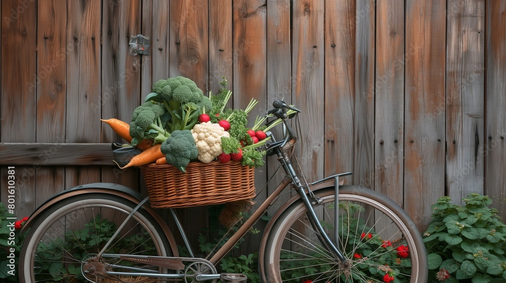 Fresh vegetables on an old bicycle in the home garden. Generative AI