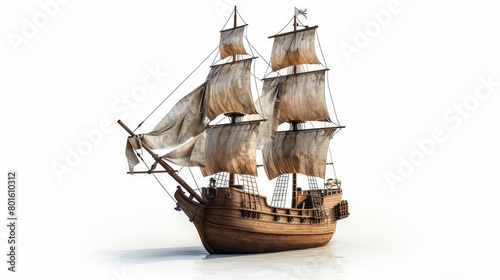 antique wooden pirate ship sailing on calm seas isolated on white 3d rendering