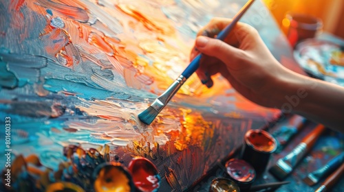 An art piece of a sunset displayed on canvas with paint tubes and brushes on a table. The colors include electric blue, resembling automotive exterior, against a building backdrop reflecting on water