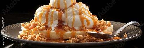 A sweet and indulgent plate of apple crisp with vanilla ice cream and caramel sauce.