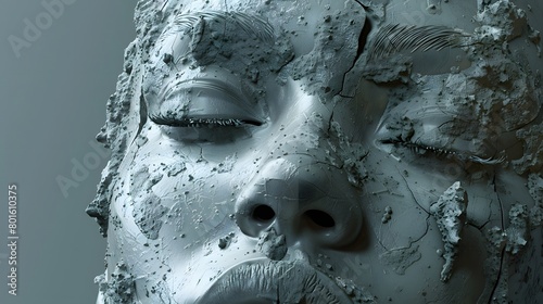 A close view of a cracked clay sculpture portraying interracial human face.