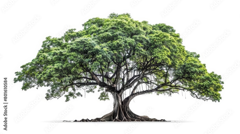 A large, old tree with a thick trunk and branches covered in green leaves. A large, old tree with a thick trunk and branches covered in green leaves.