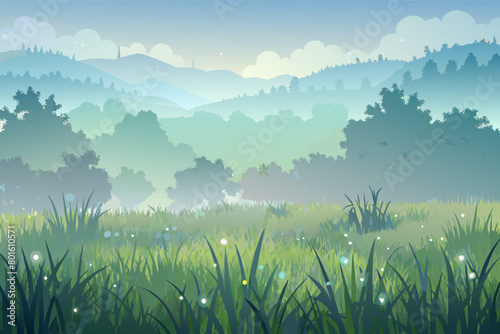 A mist-covered meadow, the grass glistening with dewdrops in the pale light