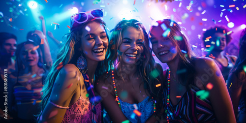 Cheerful young friends having fun at colorful rave party. Happy men and women enjoying themselves and dancing. Group of people at music concert.