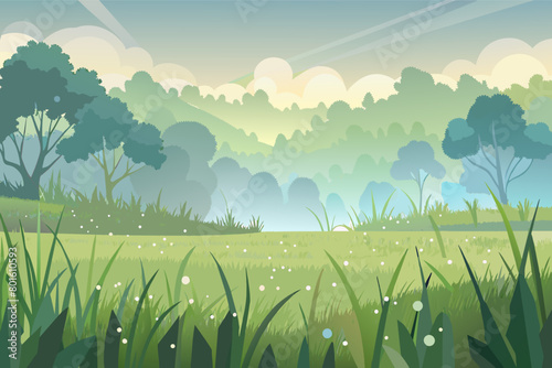 A mist-covered meadow, the grass glistening with dewdrops in the pale light