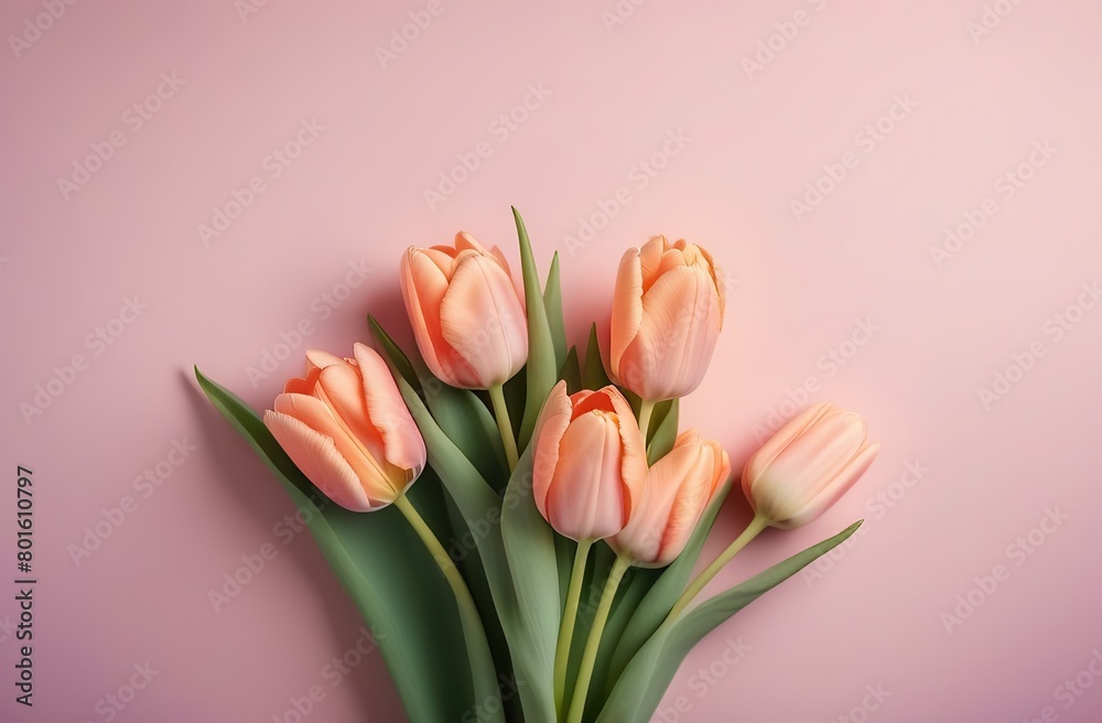 Obraz premium A bouquet of peach-fuzz color tulips is arranged on a peach-fuzz background. The flowers are the main focus of the image, and they create a sense of warmth and happiness. Top view flatlay. 