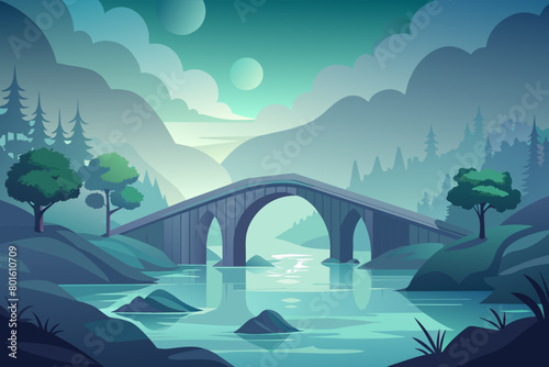 A mist-covered bridge spanning a tranquil river, with the arches disappearing into the fog and creating a sense of mystery and wonder