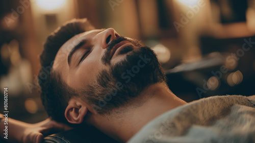 With a relaxed expression, the man leans back in the chair, closing his eyes momentarily as the barber massages his scalp with expert hands, the gentle hum of clippers filling the photo