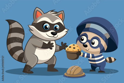 A mischievous raccoon cub with a bandit mask tries to steal a cookie from a jar. photo