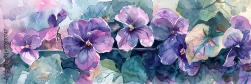A watercolor painting of purple violets with green leaves. photo