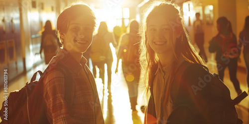 Two cheerful happy young friends standing in school hallway. Teen students having fun together in high school. © MNStudio