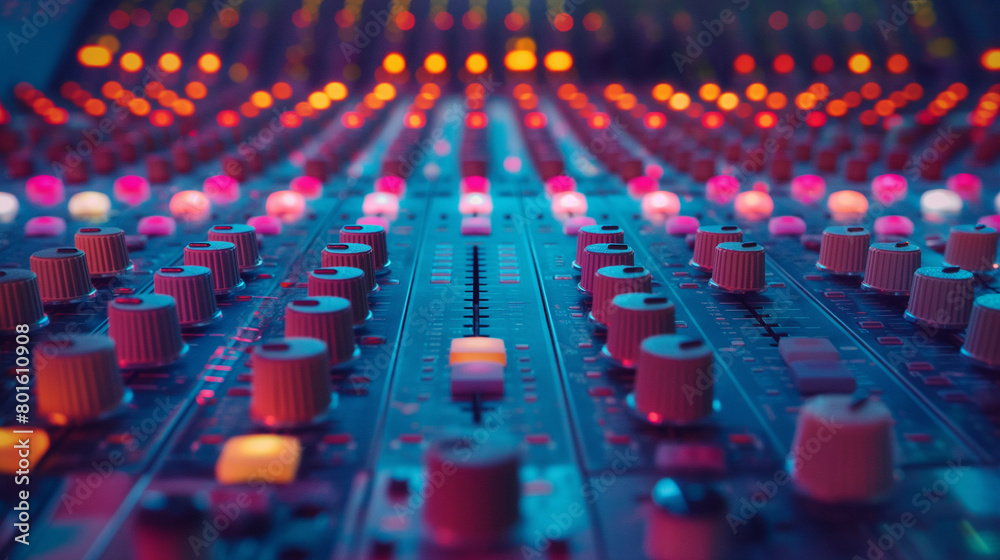 Amidst a sea of colorful LED meters, a close-up shot focuses on the intricate array of knobs and sliders on the mixing console, each one a portal to sculpting sound, as a sound eng Amidst a sea of colorful LED meters, a close-up shot focuses on the intricate array of knobs and sliders on the mixing console, each one a portal to sculpting sound, as a sound eng