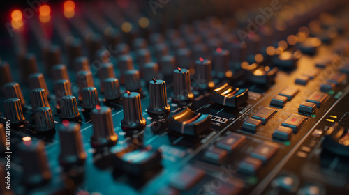 Zooming in on the mixing console  the close-up shot highlights the intricate details of the control surface  a canvas for sonic sculpting  as a sound engineer delicately shapes the