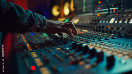 Zooming in on the mixing console, the close-up shot highlights the intricate details of the control surface, a canvas for sonic sculpting, as a sound engineer delicately shapes the