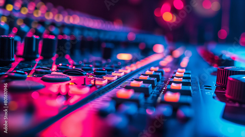 The camera focuses on the close-up view of the mixing console, capturing the interplay of light and shadow on its sleek surface, a testament to the artistry of audio production, as