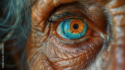 Macro of a wise old woman eye with wrinkles, capturing the essence of wisdom and experience photo
