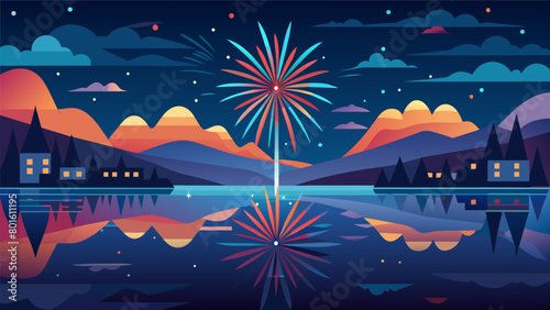 In the stillness of a lake the dazzling fireworks dance in the sky their vibrant reflections creating a breathtaking scene of celebration.. Vector illustration