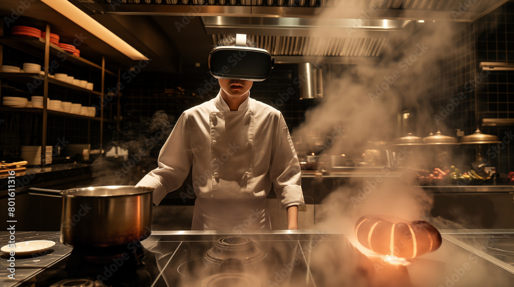 Donning VR glasses, the cook stands amidst the bustling kitchen, their movements fluid and precise as they follow virtual instructions to craft a culinary masterpiece, the aroma of Donning VR glasses, the cook stands amidst the bustling kitchen, their movements fluid and precise as they follow virtual instructions to craft a culinary masterpiece, the aroma of