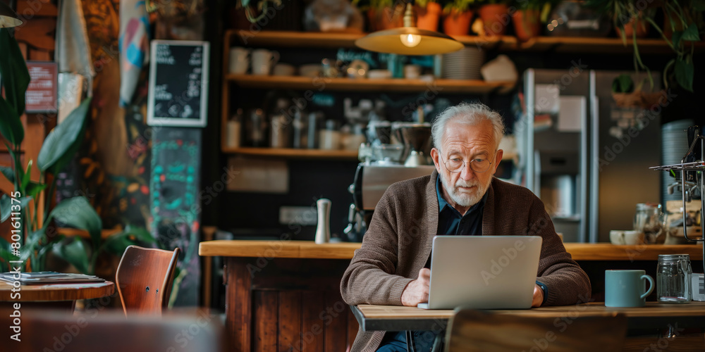 Retired professional sitting in a modern cafe, deeply engrossed in writing his blog on a sleek laptop, with a cup of artisan coffee by his side. Retired professional sitting in a modern cafe, deeply engrossed in writing his blog on a sleek laptop, with a cup of artisan coffee by his side.