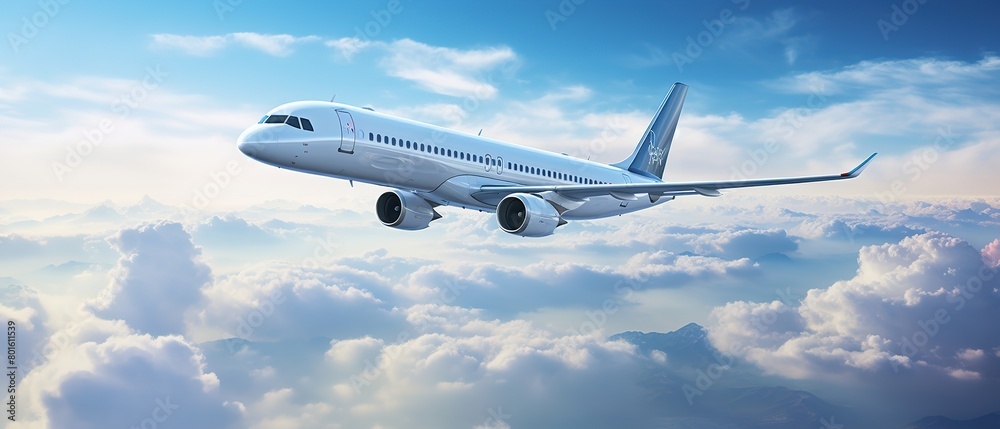 Obraz premium Passengers commercial airplane flying above clouds in sun light. Concept of fast travel, holidays and business.