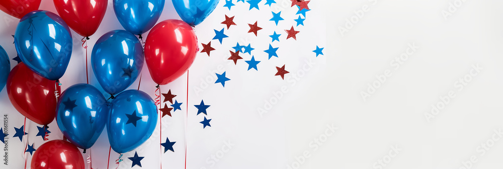 Blue, white and red balloons and stars confetti on a white background with copy space. Celebrating 4th of July banner. Blue, white and red balloons and stars confetti on a white background with copy space. Celebrating 4th of July banner.
