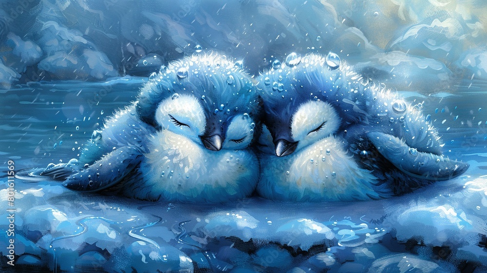 Obraz premium Two penguins cuddle in water with heads touching, as if kissing