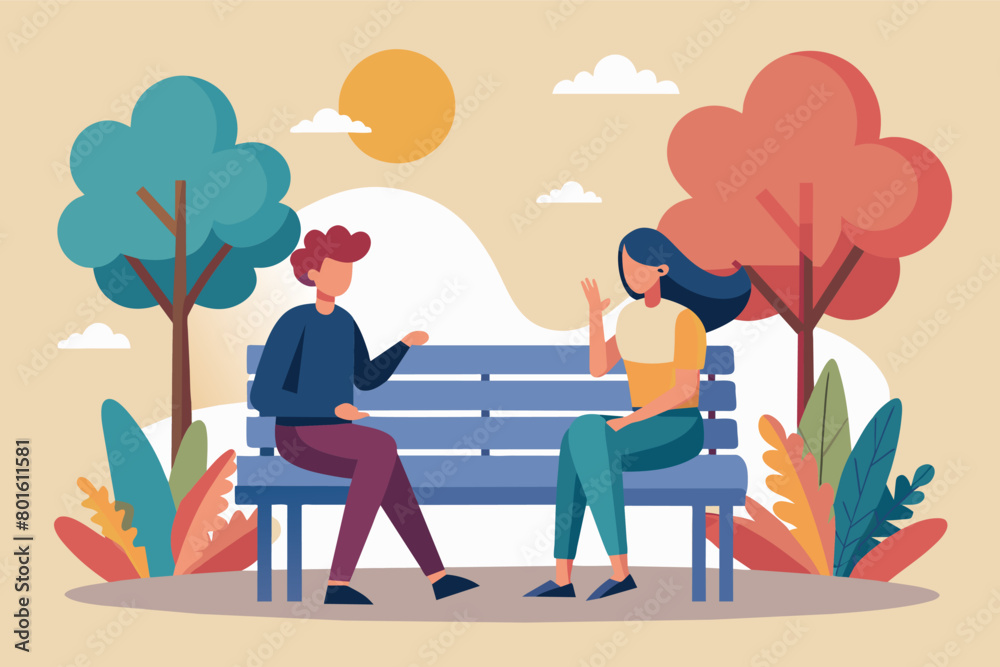 A minimalist park bench where two strangers strike up a conversation, breaking down social barriers. A minimalist park bench where two strangers strike up a conversation, breaking down social barriers.