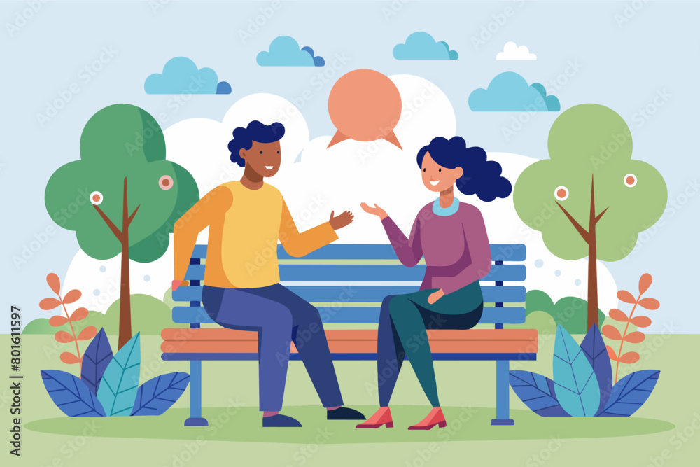A minimalist park bench where two strangers strike up a conversation, breaking down social barriers. A minimalist park bench where two strangers strike up a conversation, breaking down social barriers.