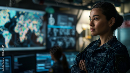Amidst the organized chaos of the war room, the young woman in uniform stands at the interactive whiteboard, her voice firm and unwavering as she directs her troops with clarity an