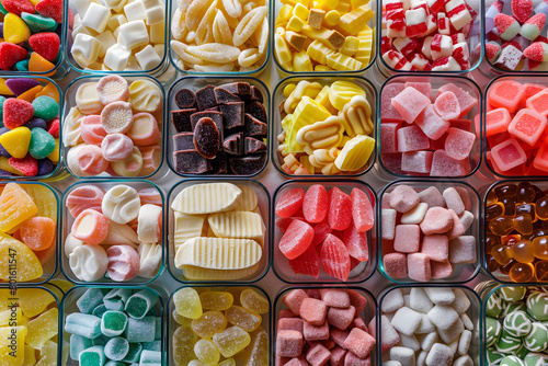 Assorted candies in a grid display box. Various sweets including gummies and chocolates. Candy assortment concept. Design for catalog, brochure, poster photo