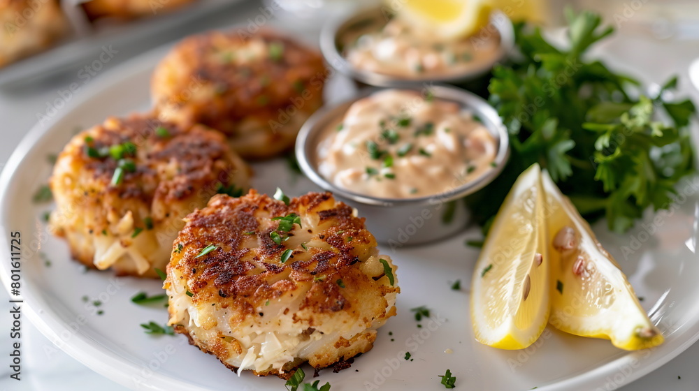 Crab cakes with remoulade sauce and lemon wedges on a white plate. Crab cakes with remoulade sauce and lemon wedges on a white plate.