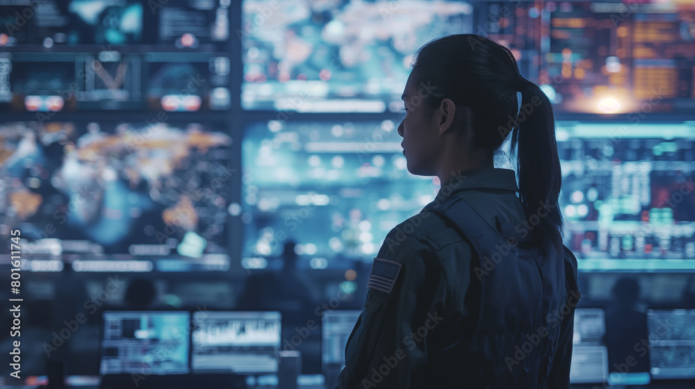 With the glow of digital displays illuminating the room, the young woman in uniform stands at the interactive whiteboard, her voice commanding as she outlines contingency plans and