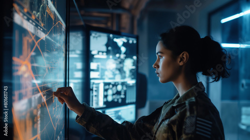 With the glow of digital displays illuminating the room, the young woman in uniform stands at the interactive whiteboard, her voice commanding as she outlines contingency plans and photo