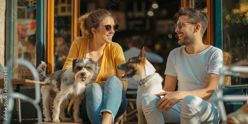 Beautiful young couple sitting in outdoor cafe with their dog on sunny summer day. Pet-friendly restaurants and cafes.