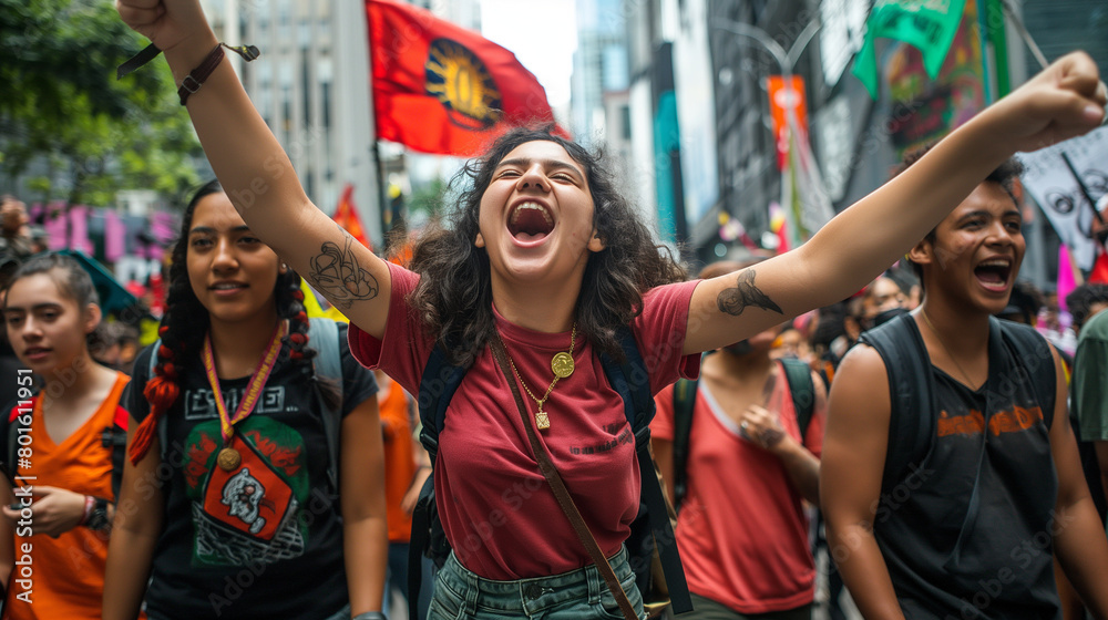Amidst the urban sprawl, young activists with left-wing views gather in solidarity, their passion for social justice and equality on full display as they march through the city str