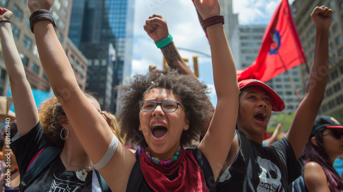 Amidst the urban sprawl, young activists with left-wing views gather in solidarity, their passion for social justice and equality on full display as they march through the city str
