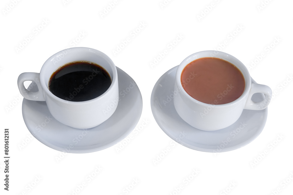 Two cups with black coffee and coffee with milk isolate on a white background. Two cups with black coffee and coffee with milk isolate on a white background.
