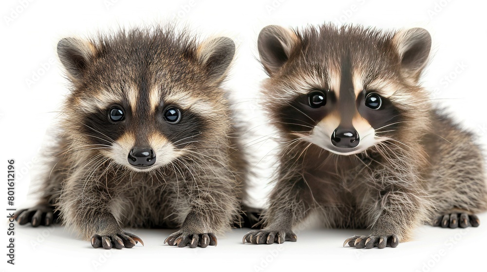   A pair of raccoons perched together on a white floor