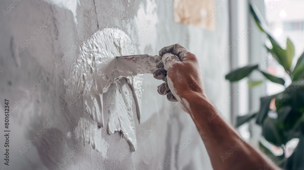 Close-up view: Amidst the pristine white walls of modern apartments, builders focus on renovating with precision, their hands carefully smoothing plaster and applying fresh coats o
