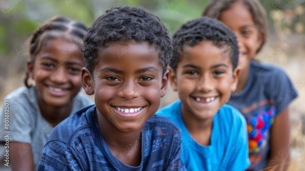 A group of four smiling children are sitting together on a bench, AI A group of four smiling children are sitting together on a bench, AI