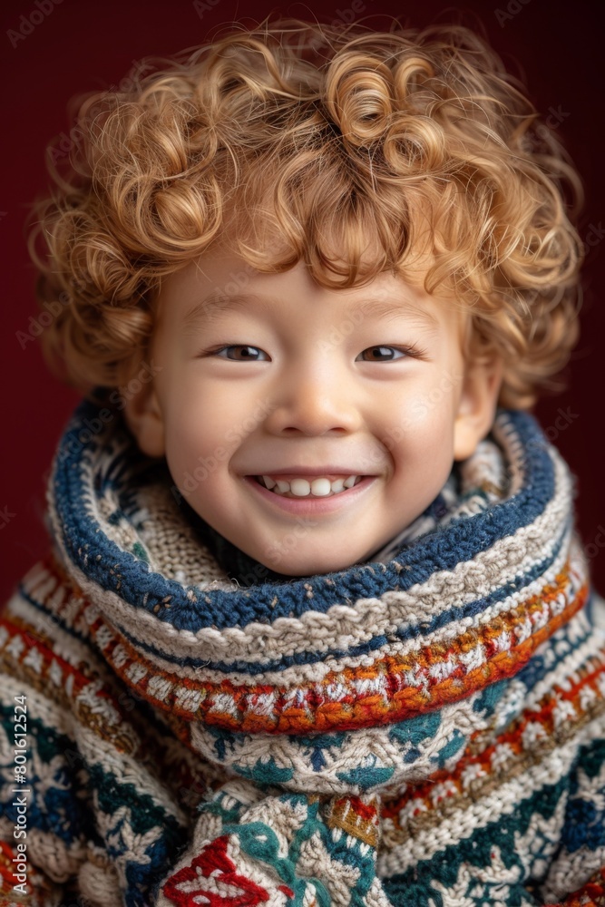 A young boy with curly hair wearing a sweater and smiling, AI A young boy with curly hair wearing a sweater and smiling, AI