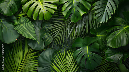 Horizontal banner or background made of green tropical palm leaves