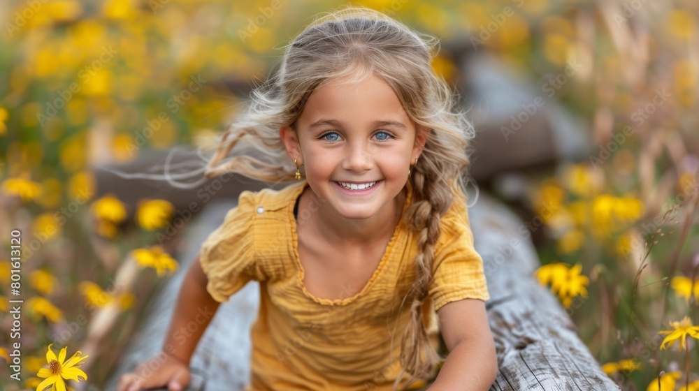 A little girl smiling while sitting on a log in the woods, AI A little girl smiling while sitting on a log in the woods, AI