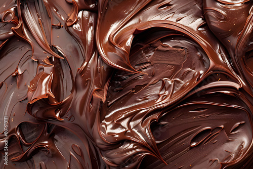 Swirled texture of glossy melted chocolate. Close-up view of rich chocolate cream. Culinary art concept. Design for cookbook, food magazine, poster