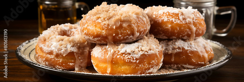 A sweet and indulgent plate of cinnamon sugar donuts with creamy glaze.