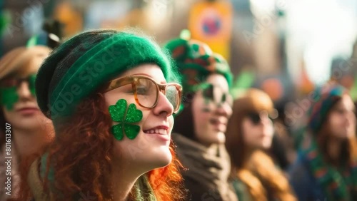 A joyful woman celebrates St. Patrick's Day, adorned with themed decorations, embodying the festive spirit of the holiday. Green clover on the girl's face. A moment of Irish holiday joy photo